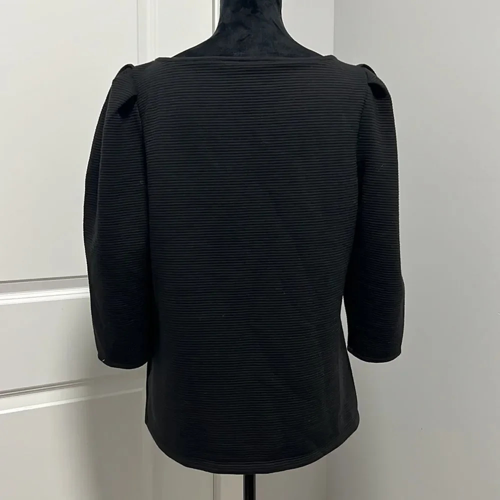 Worthington women’s boat neck puff 3/4 length sleeves black ribbed blouse size L - Picture 6 of 8
